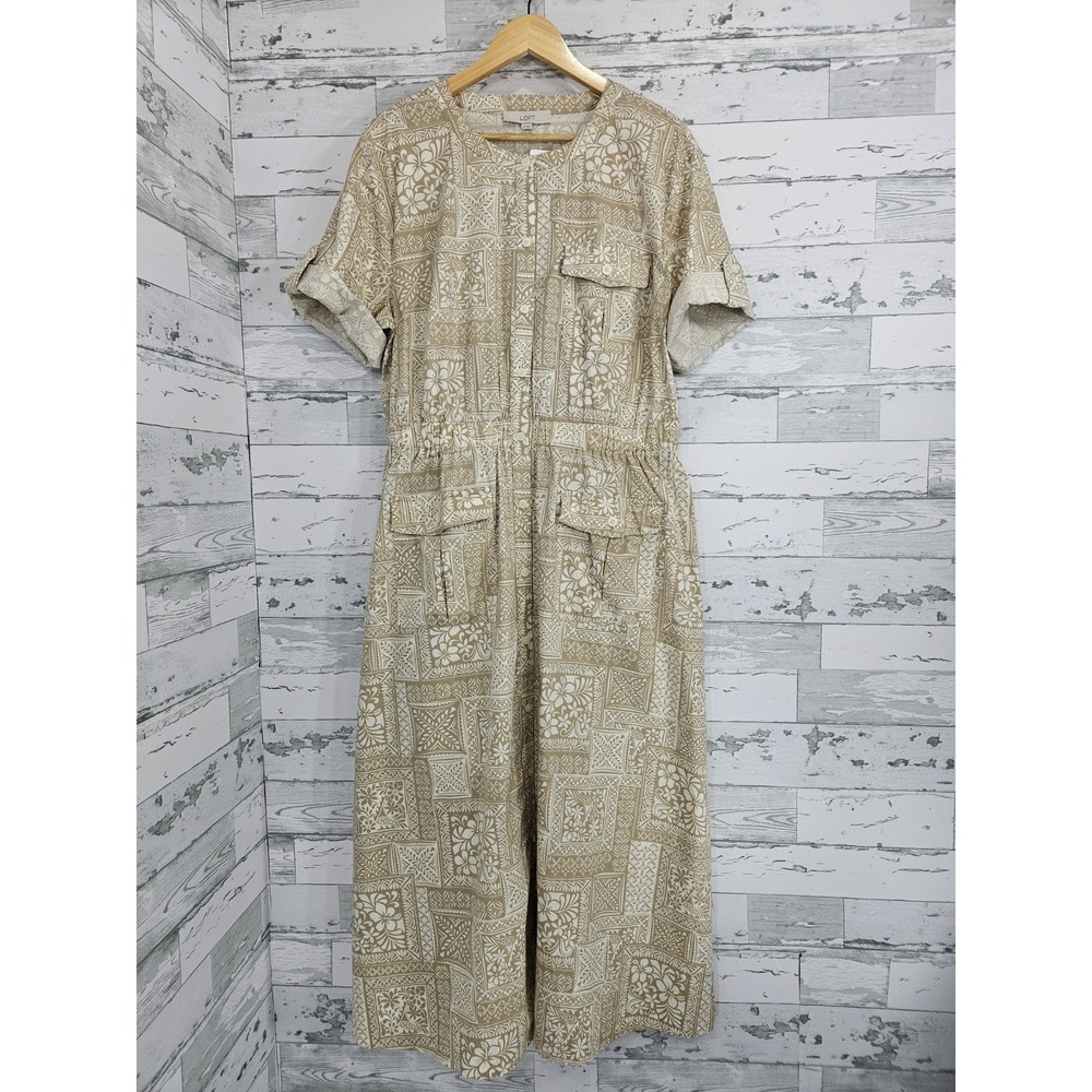 Loft Womens 16 Utility Midi Pocket Dress Button Front Cinched Waist Beige